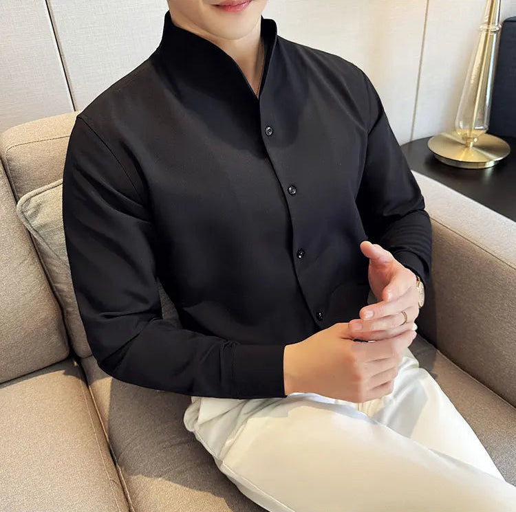 Men's V-Neck Designer Shirt - Stand-Up Collar Long Sleeve