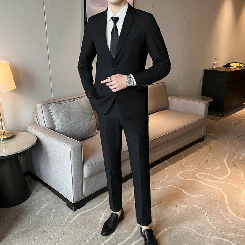 Men's Korean Style Slim Fit Suit Set - Business Blazer & Pants