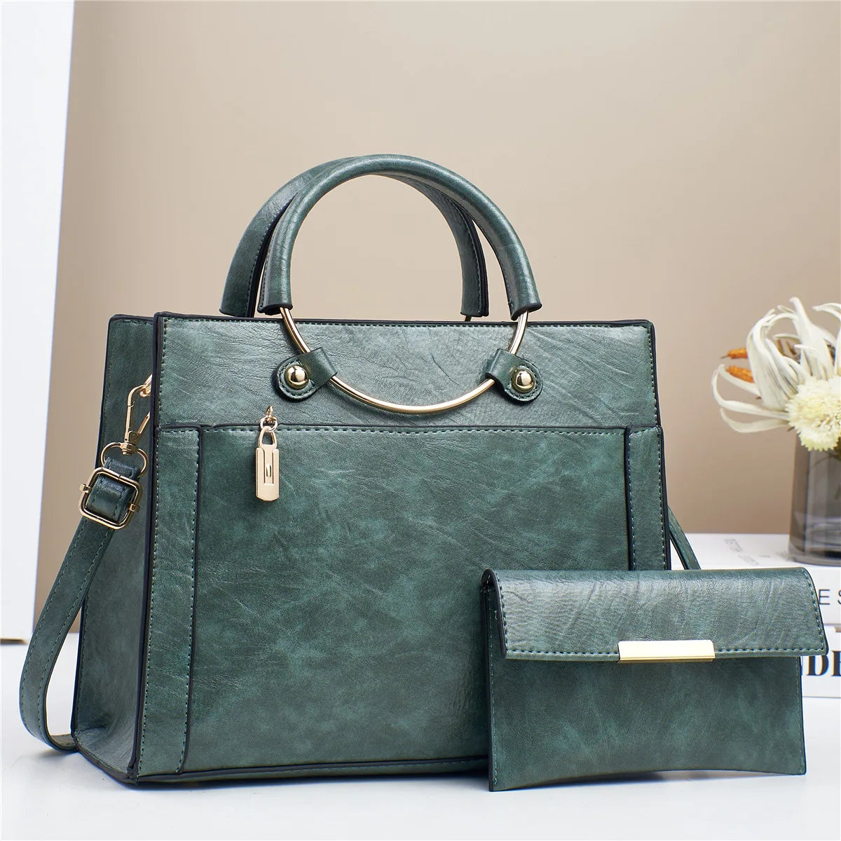 STRUCTURED LEATHER HANDBAG WITH MATCHING WALLET