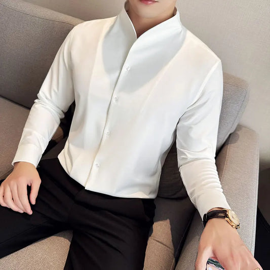 Men's V-Neck Designer Shirt - Stand-Up Collar Long Sleeve