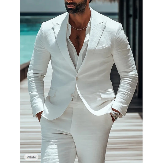 Men's Premium White Linen Suit Set - 2-Piece Blazer & Pants