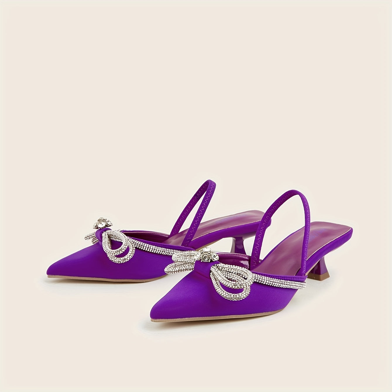 Women's Rhinestone Bowknot Kitten Heels - Elegant Slingback Sandals