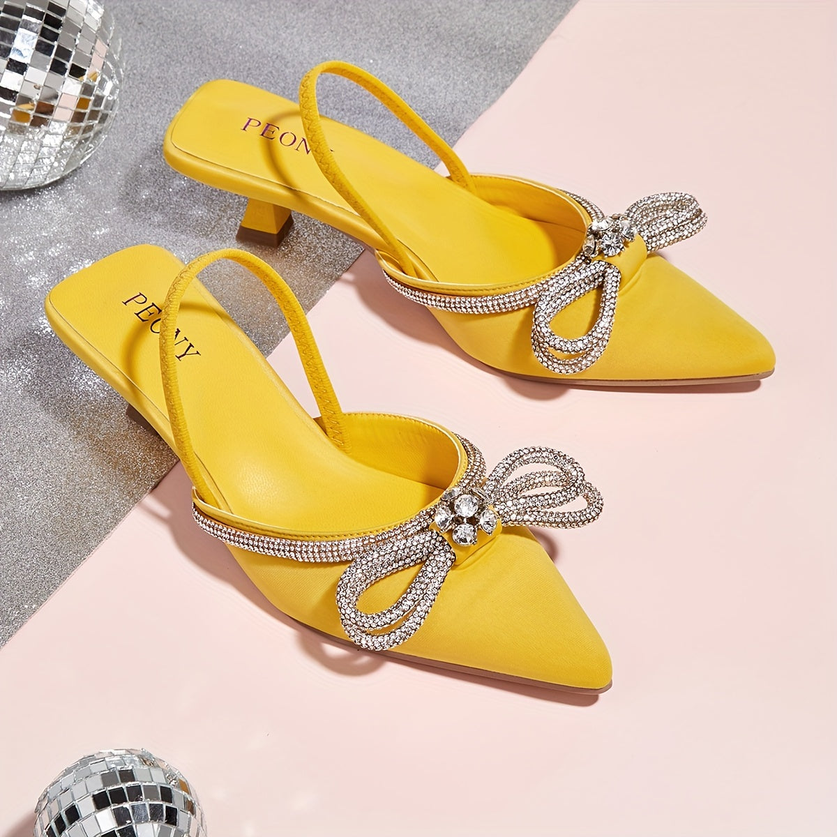 Women's Rhinestone Bowknot Kitten Heels - Elegant Slingback Sandals