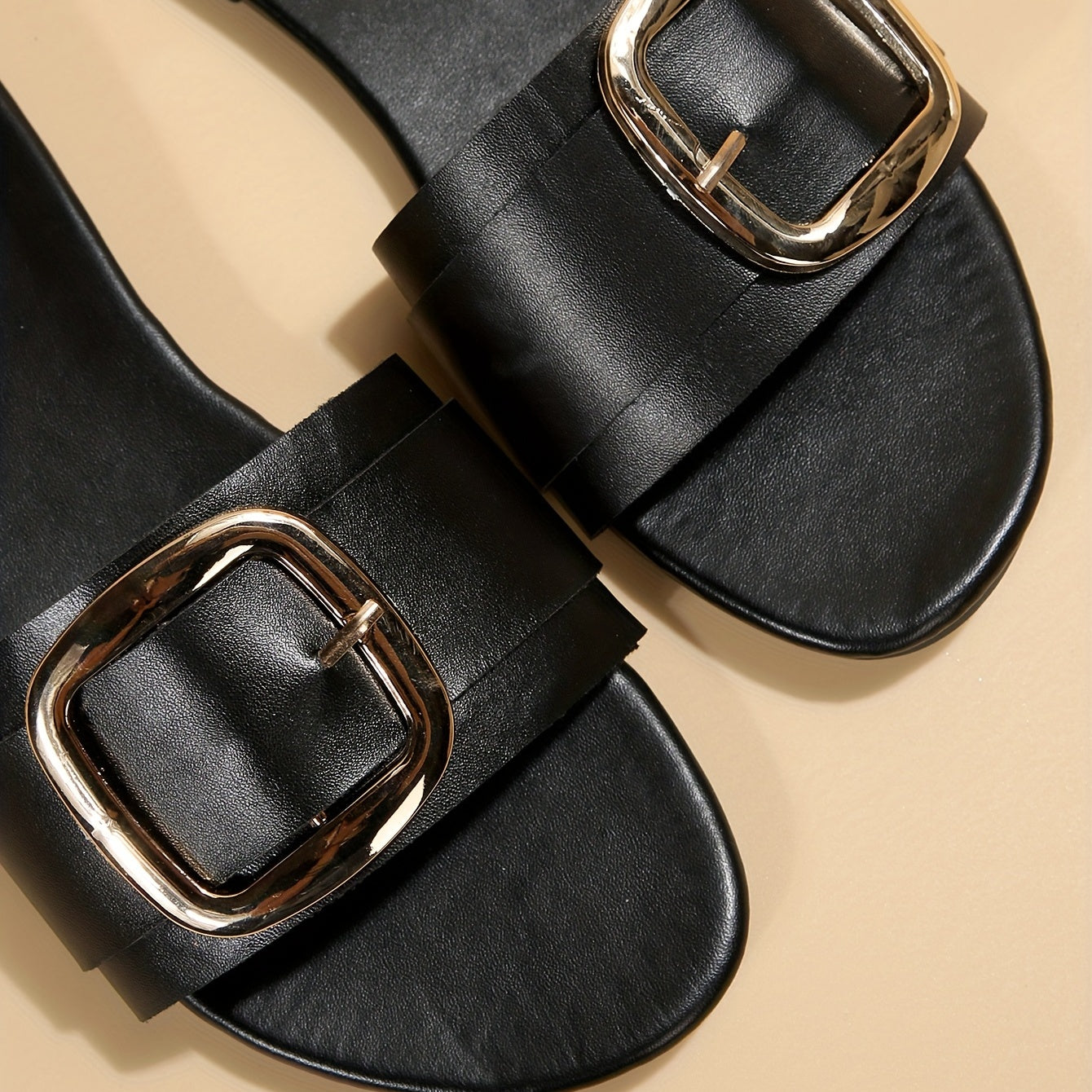 Women's Square Buckle Slide Sandals - Casual Flat Beach Shoes
