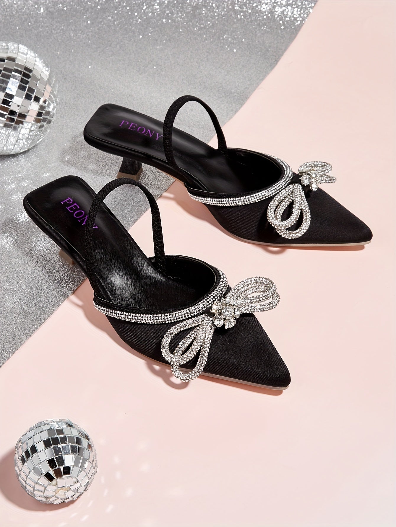 Women's Rhinestone Bowknot Kitten Heels - Elegant Slingback Sandals