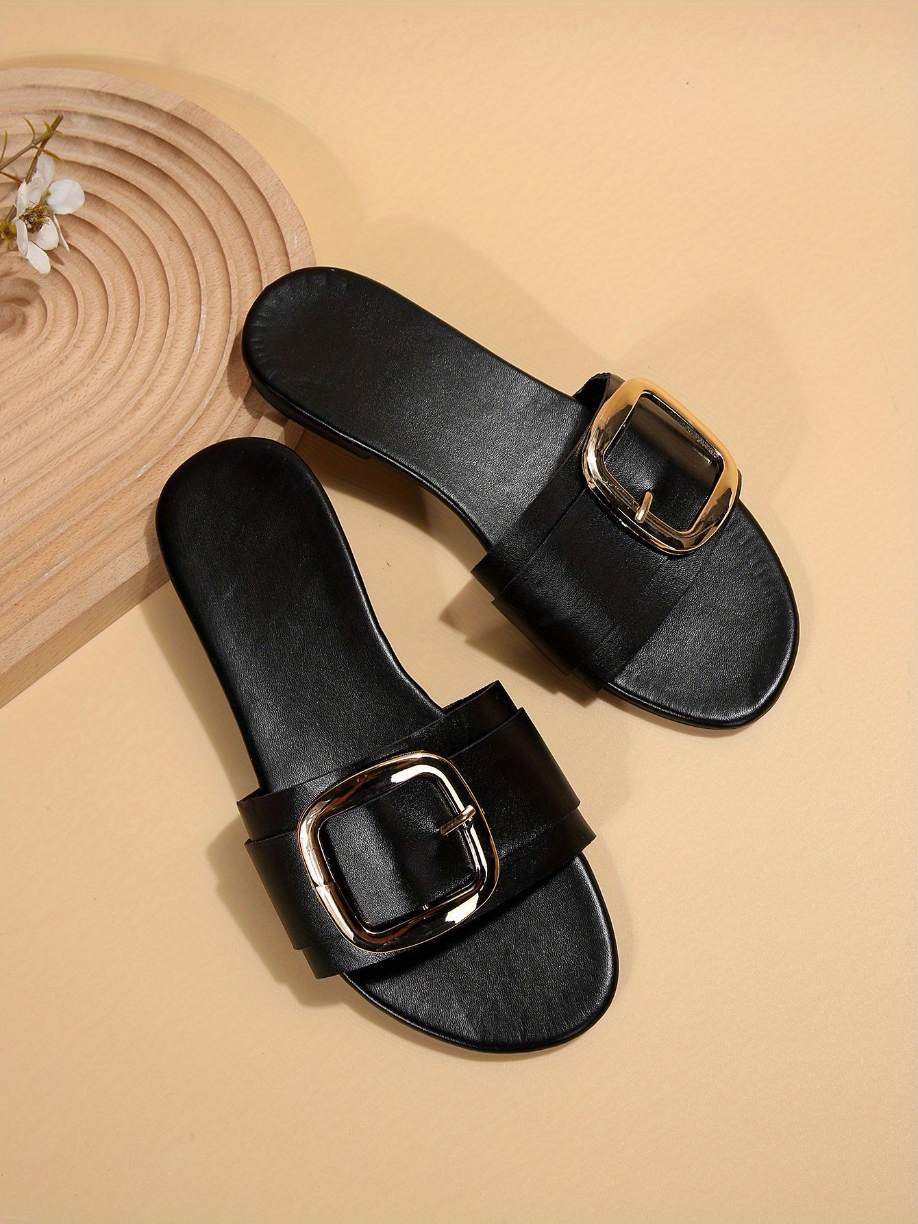 Women's Square Buckle Slide Sandals - Casual Flat Beach Shoes
