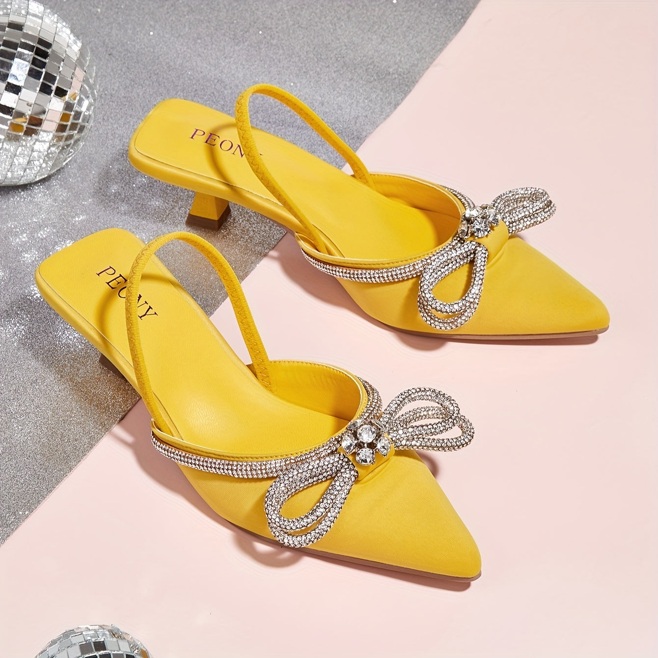 Women's Rhinestone Bowknot Kitten Heels - Elegant Slingback Sandals