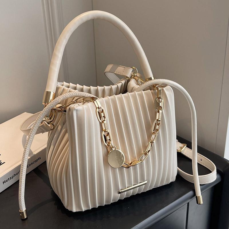 CREAM PLEATED CHAIN‑ACCENT HANDBAG