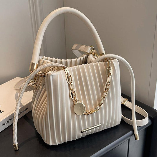Women's White Pleated Bucket Bag - Elegant Crossbody Shoulder Handbag