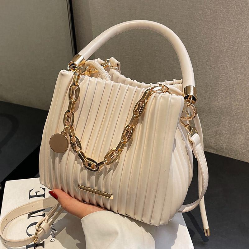 CREAM PLEATED CHAIN‑ACCENT HANDBAG