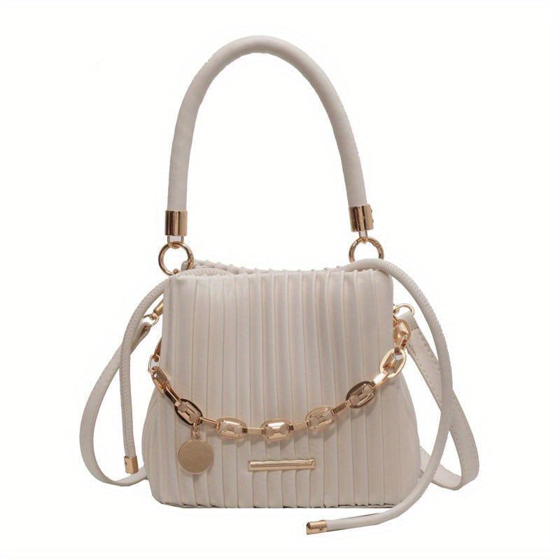 CREAM PLEATED CHAIN‑ACCENT HANDBAG