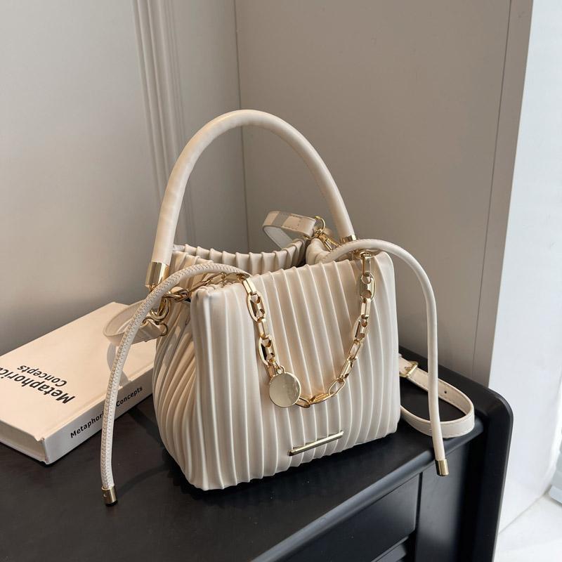 CREAM PLEATED CHAIN‑ACCENT HANDBAG