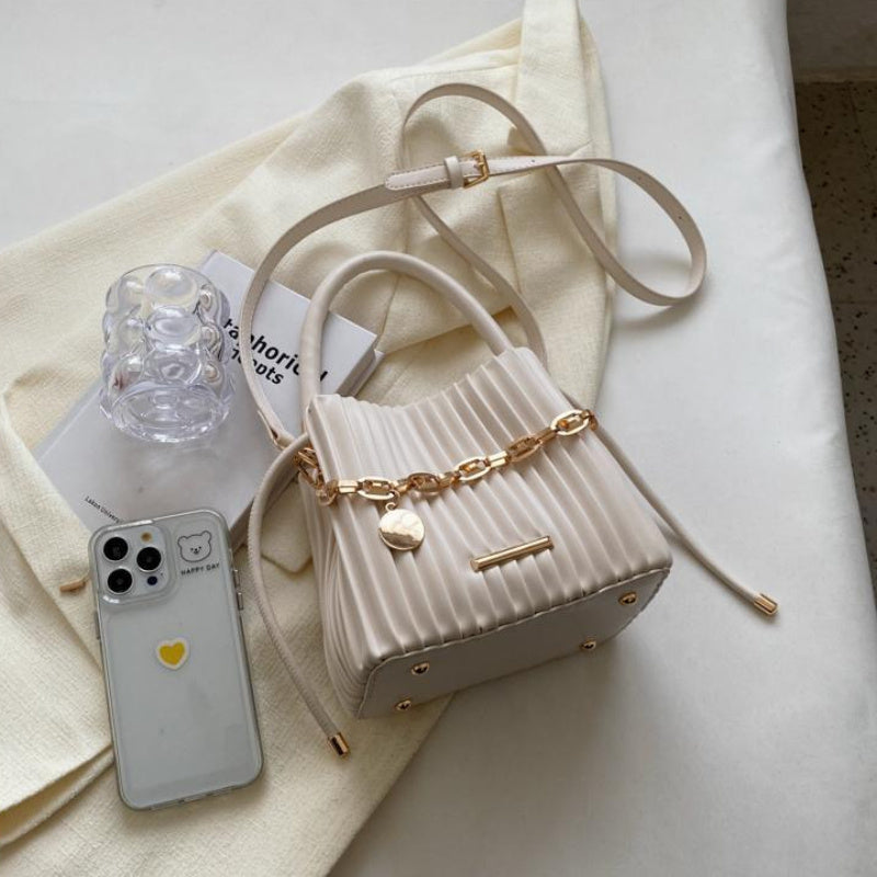 Women's White Pleated Bucket Bag - Elegant Crossbody Shoulder Handbag