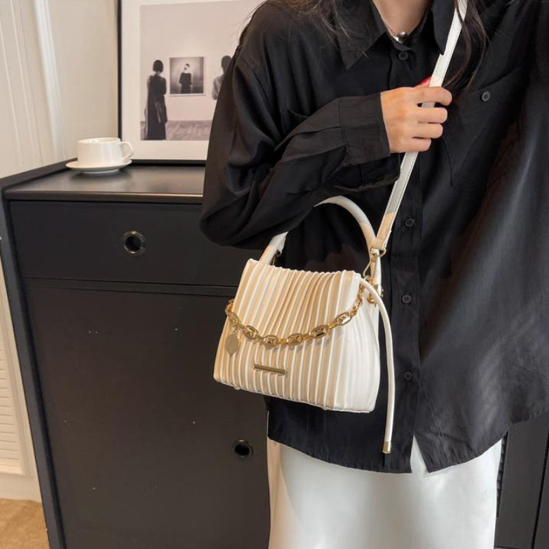 Women's White Pleated Bucket Bag - Elegant Crossbody Shoulder Handbag