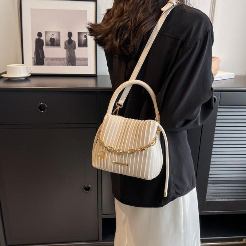 Women's White Pleated Bucket Bag - Elegant Crossbody Shoulder Handbag