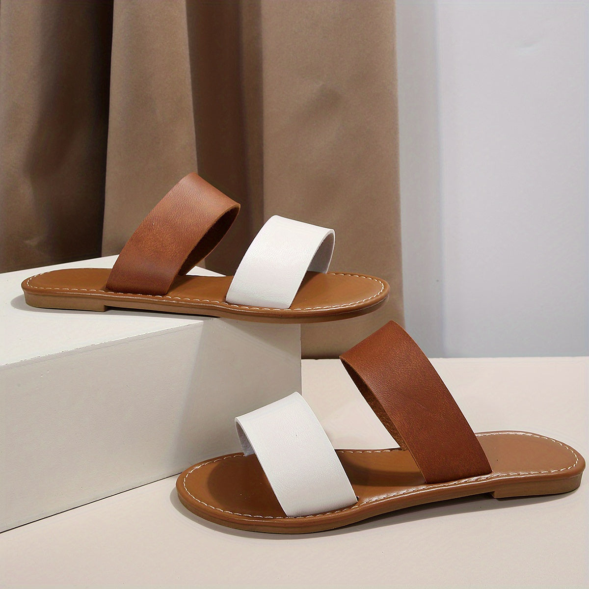 Women's Contrast Color Slide Sandals - Casual Flat Beach Shoes