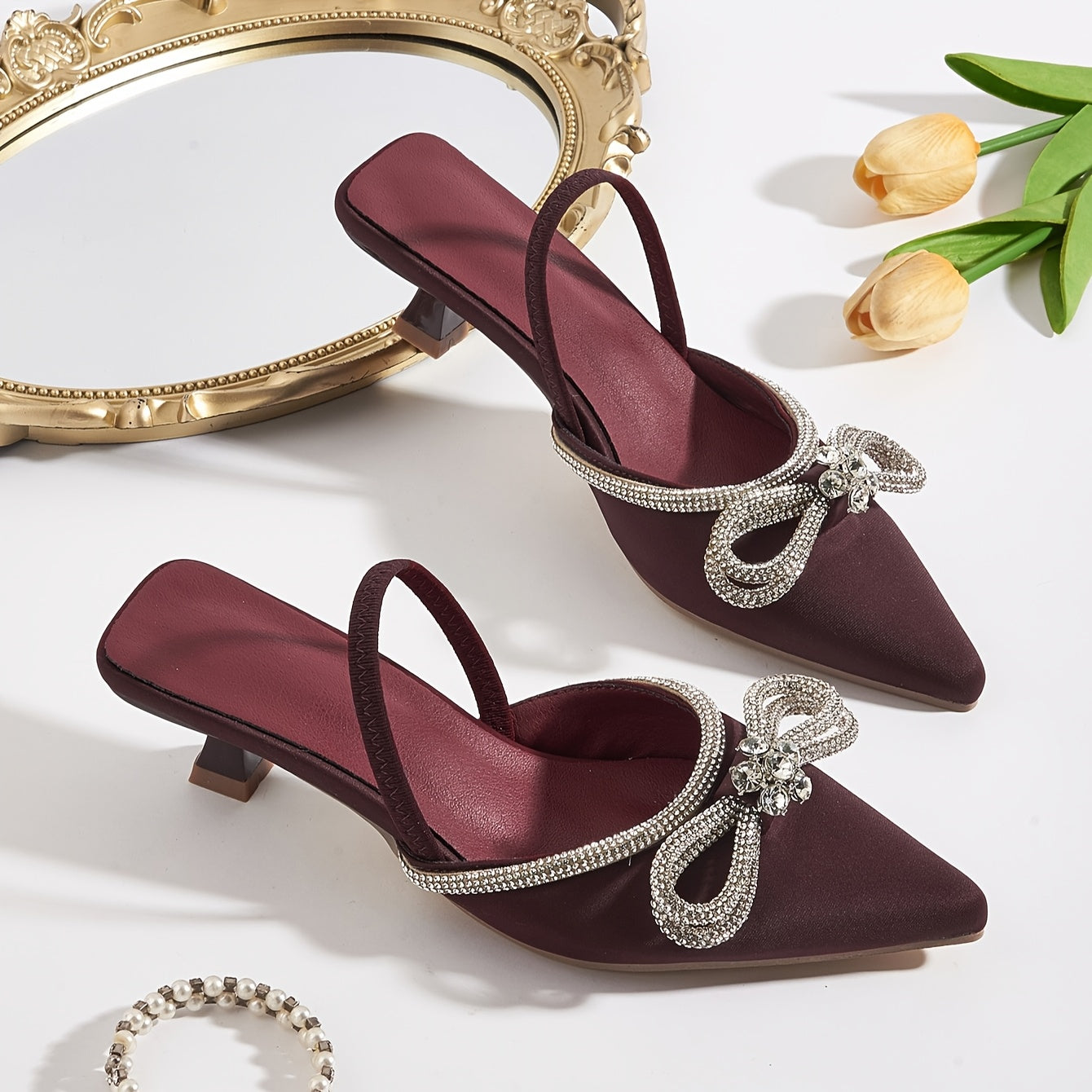 Women's Rhinestone Bowknot Kitten Heels - Elegant Slingback Sandals