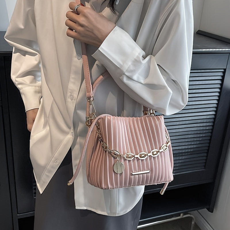 CREAM PLEATED CHAIN‑ACCENT HANDBAG