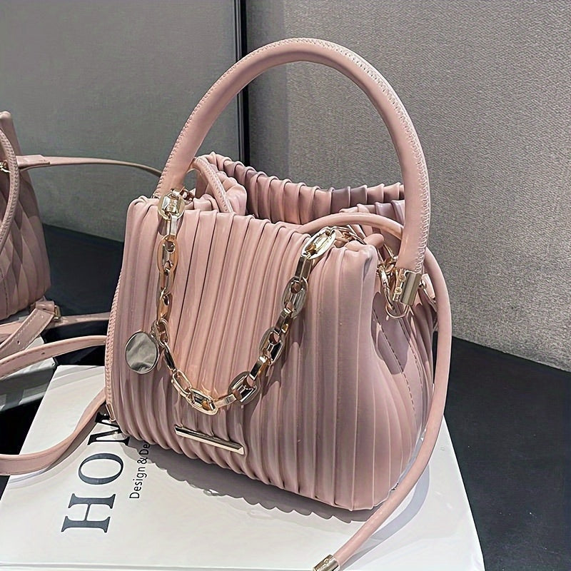 CREAM PLEATED CHAIN‑ACCENT HANDBAG