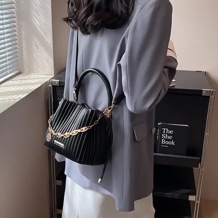 Women's White Pleated Bucket Bag - Elegant Crossbody Shoulder Handbag