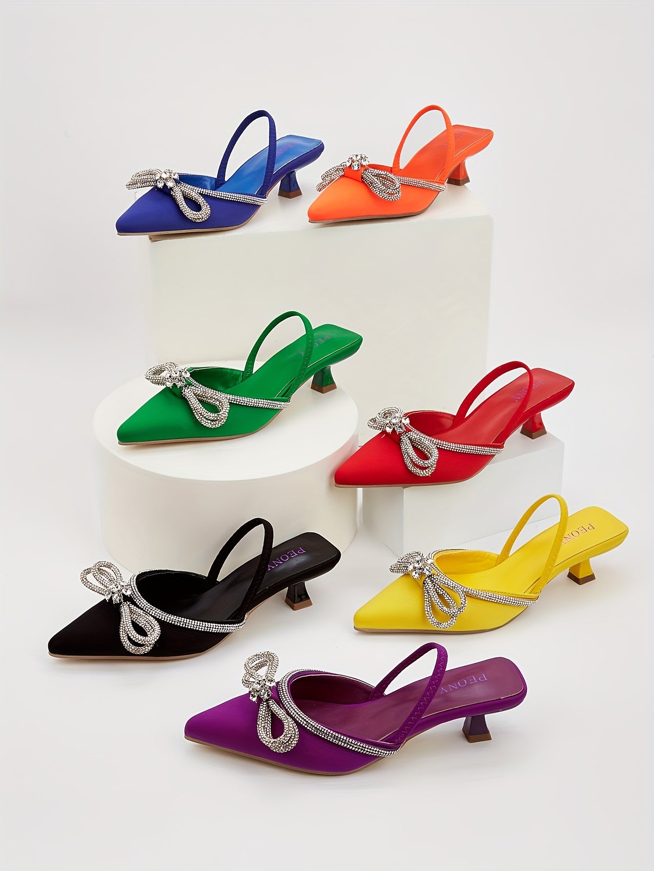 Women's Rhinestone Bowknot Kitten Heels - Elegant Slingback Sandals