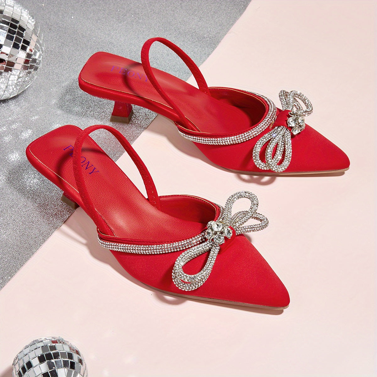 Women's Rhinestone Bowknot Kitten Heels - Elegant Slingback Sandals