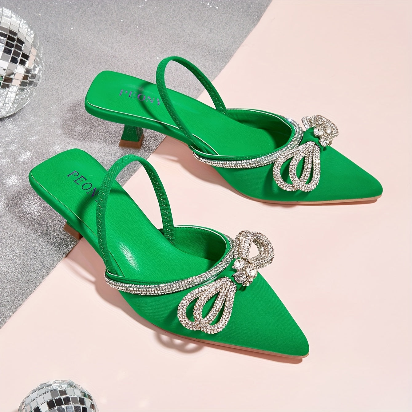 Women's Rhinestone Bowknot Kitten Heels - Elegant Slingback Sandals
