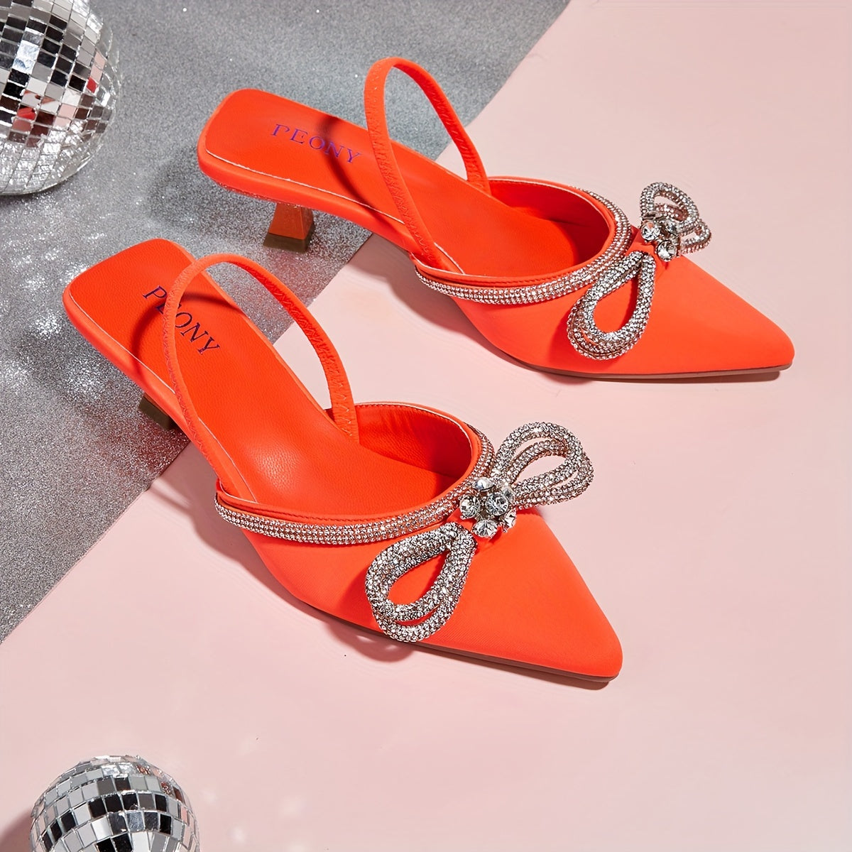 Women's Rhinestone Bowknot Kitten Heels - Elegant Slingback Sandals