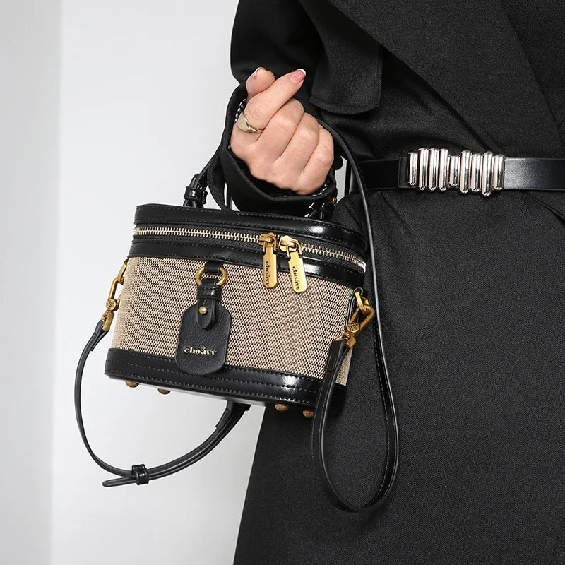 Women's Retro Nylon Bucket Bag - Contrast Color Crossbody Handbag
