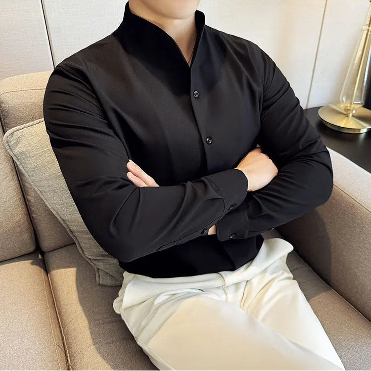 Men's V-Neck Designer Shirt - Stand-Up Collar Long Sleeve