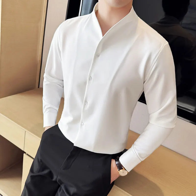 Men's V-Neck Designer Shirt - Stand-Up Collar Long Sleeve