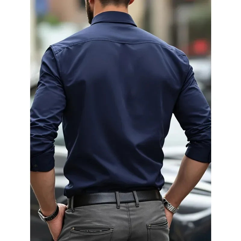 MEN'S SOLID COLOR BUSINESS SHIRT – LONG SLEEVE ELASTIC FIT