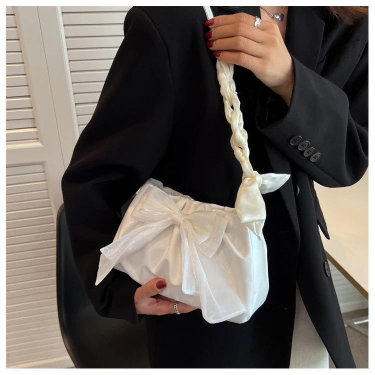 Women's Bow Pleated Shoulder Bag - Cute Underarm Tote Handbag