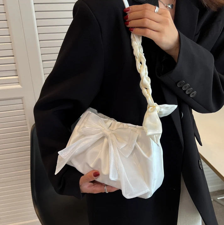 Women's Bow Pleated Shoulder Bag - Cute Underarm Tote Handbag