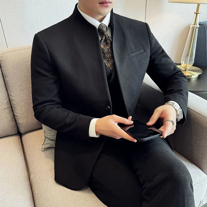 Men's Korean Style Wool Blazer Suit Set - Slim Fit Two-Piece