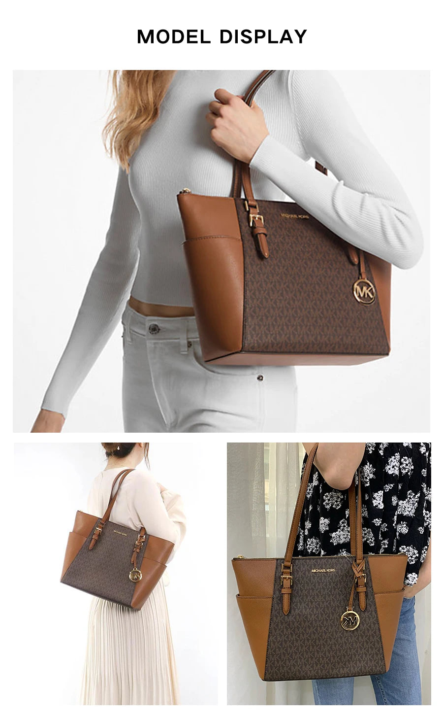 Michael Kors Two‑Tone Leather Satchel – Signature MK Monogram, Gold Hardware, Structured Designer Handbag