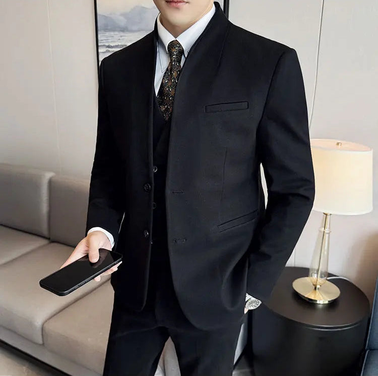 Men's Korean Style Wool Blazer Suit Set - Slim Fit Two-Piece