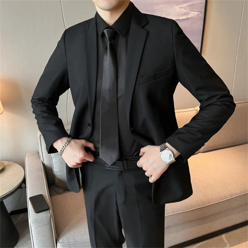 Men's Korean Style Slim Fit Suit Set - Business Blazer & Pants