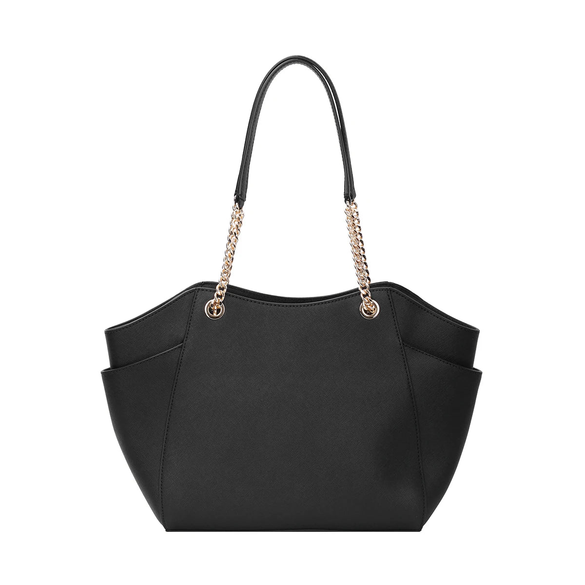 Michael Kors Black Leather Tote Bag – Gold Chain Handles, Structured Designer Handbag