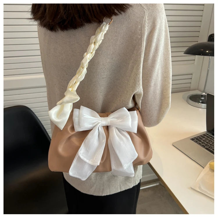 Women's Bow Pleated Shoulder Bag - Cute Underarm Tote Handbag