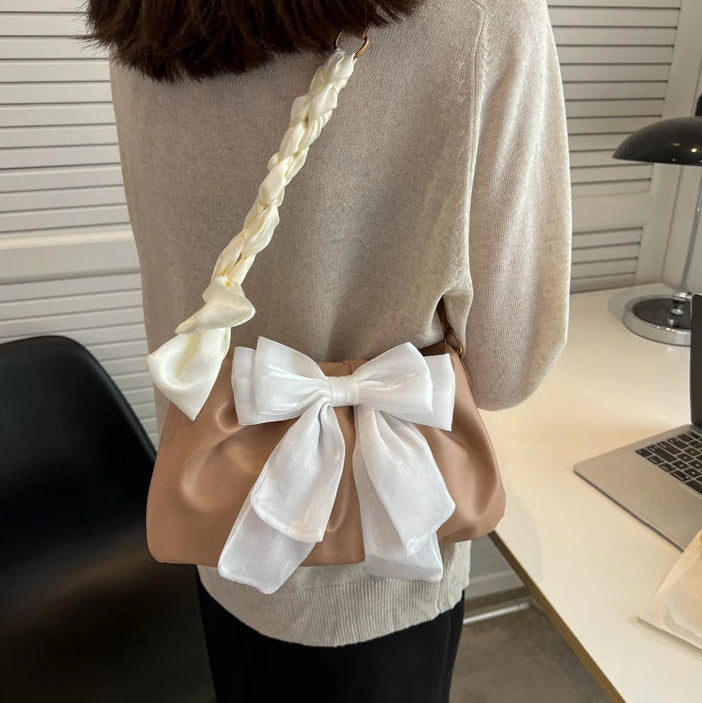 Women's Bow Pleated Shoulder Bag - Cute Underarm Tote Handbag