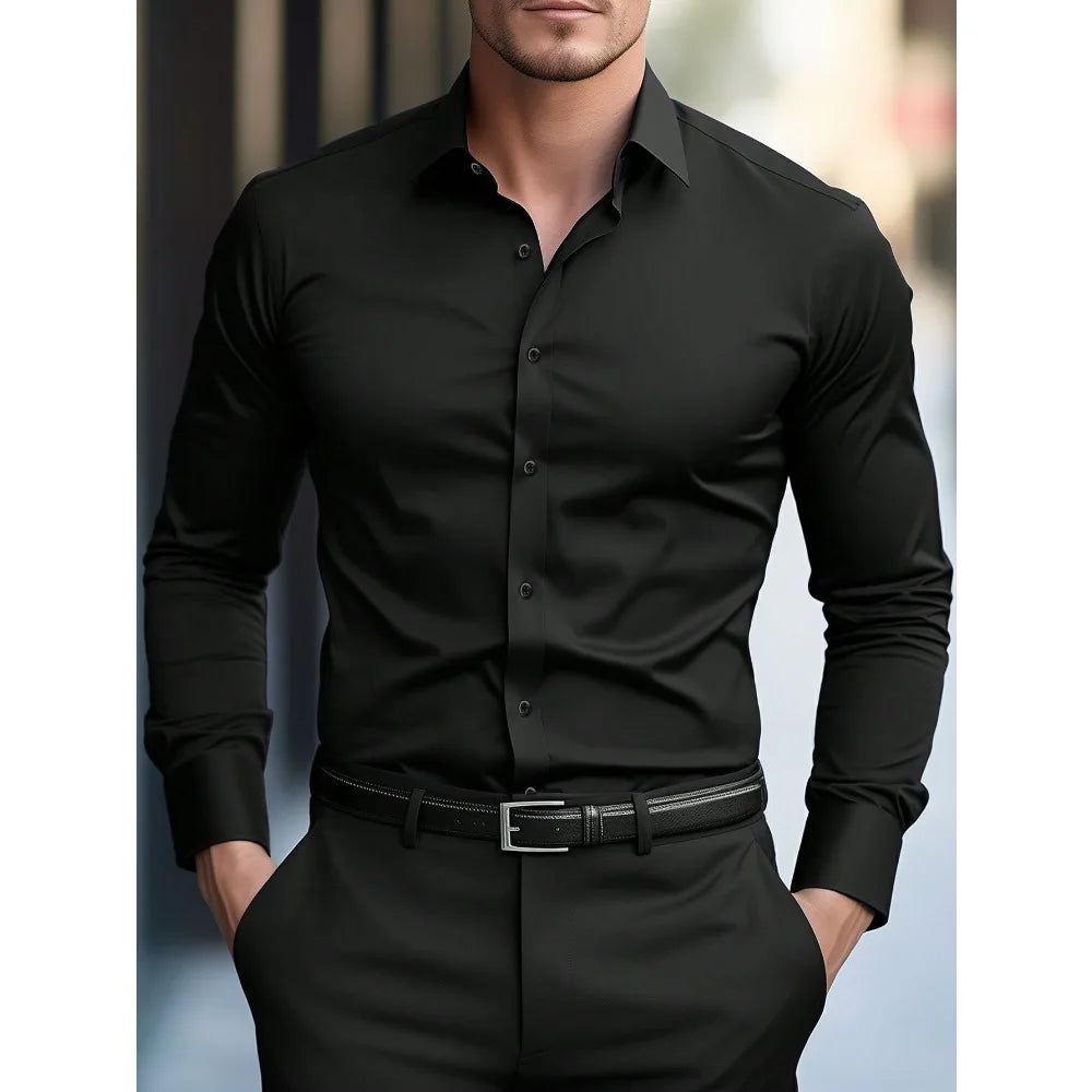 MEN'S SOLID COLOR BUSINESS SHIRT – LONG SLEEVE ELASTIC FIT