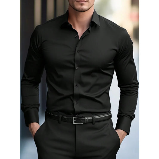 MEN'S SOLID COLOR BUSINESS SHIRT – LONG SLEEVE ELASTIC FIT