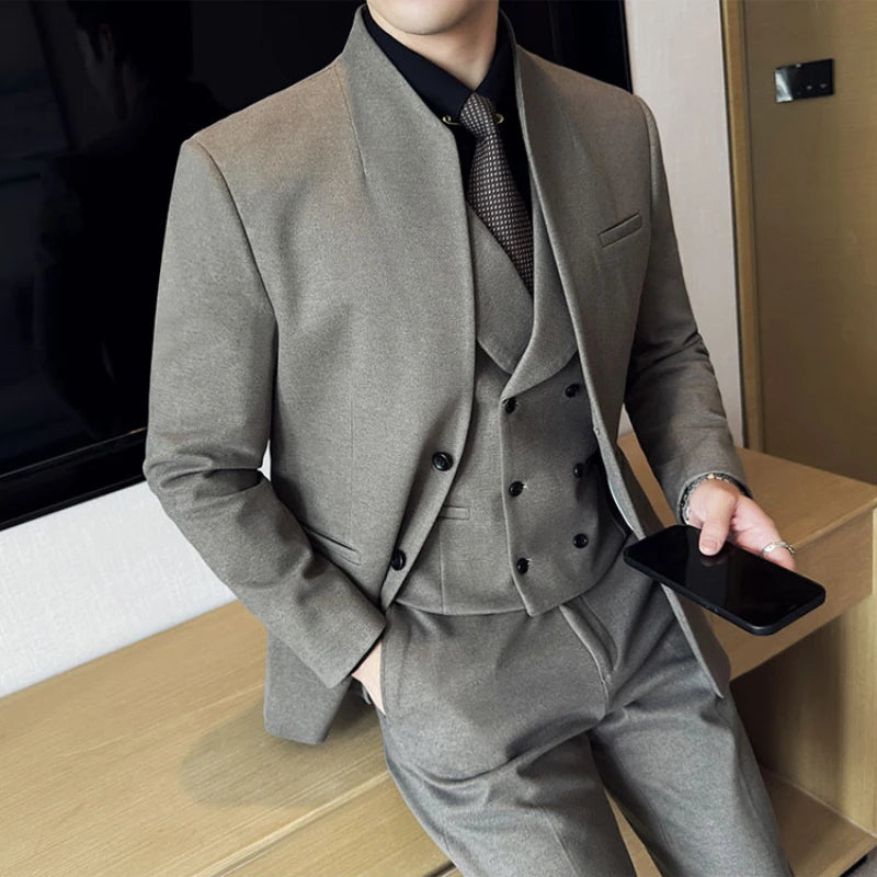 Men's Korean Style Wool Blazer Suit Set - Slim Fit Two-Piece