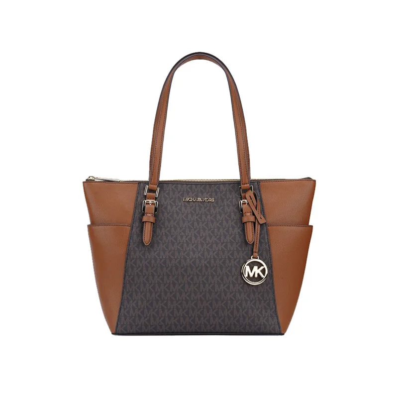 Michael Kors Two‑Tone Leather Satchel – Signature MK Monogram, Gold Hardware, Structured Designer Handbag
