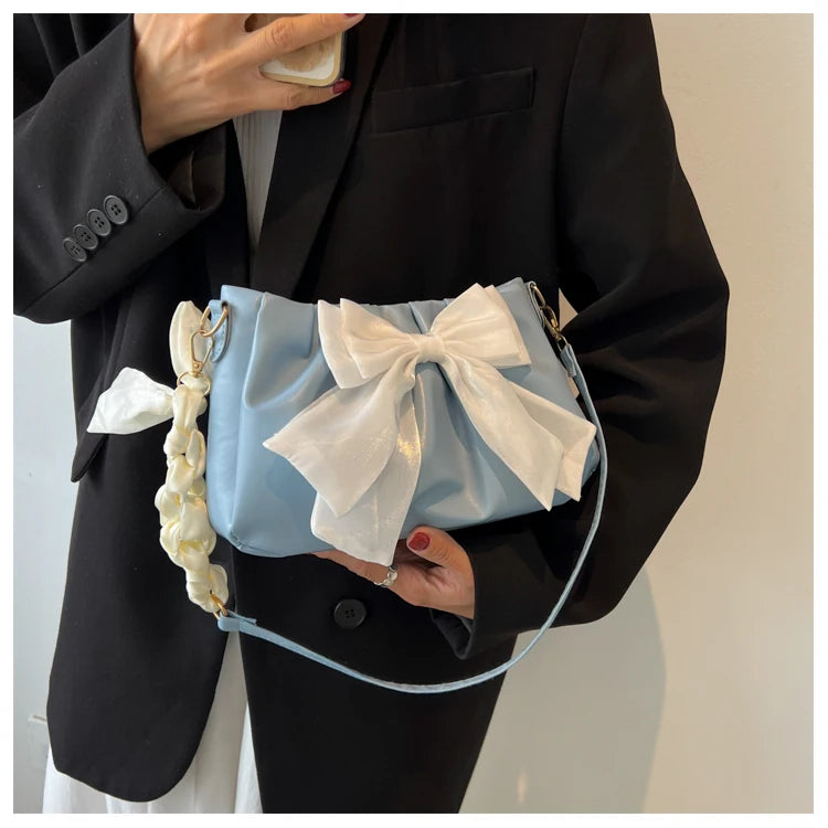 Women's Bow Pleated Shoulder Bag - Cute Underarm Tote Handbag