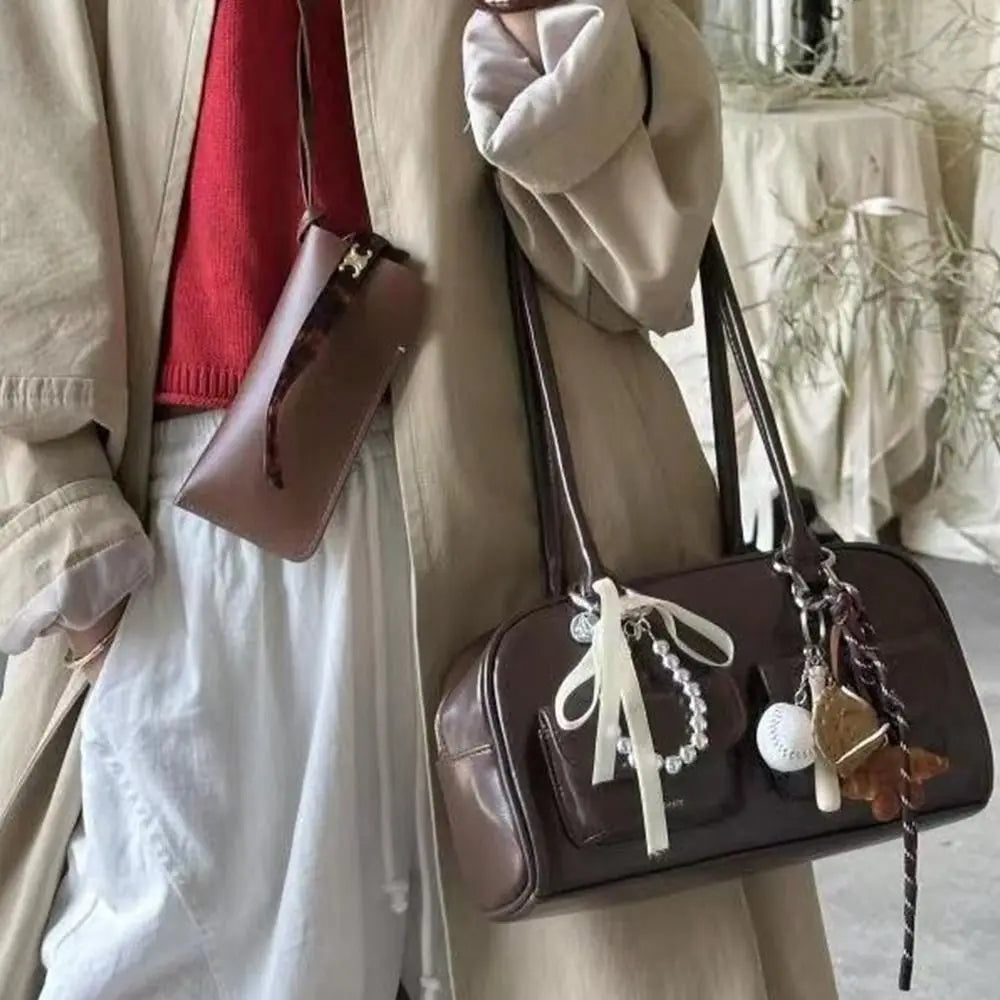 Women's Double Handle Shoulder Bag - PU Leather Commuter Handbag