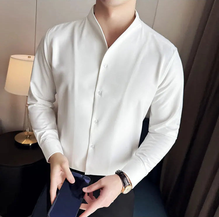 Men's V-Neck Designer Shirt - Stand-Up Collar Long Sleeve