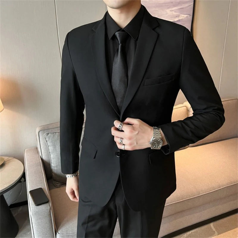 Men's Korean Style Slim Fit Suit Set - Business Blazer & Pants