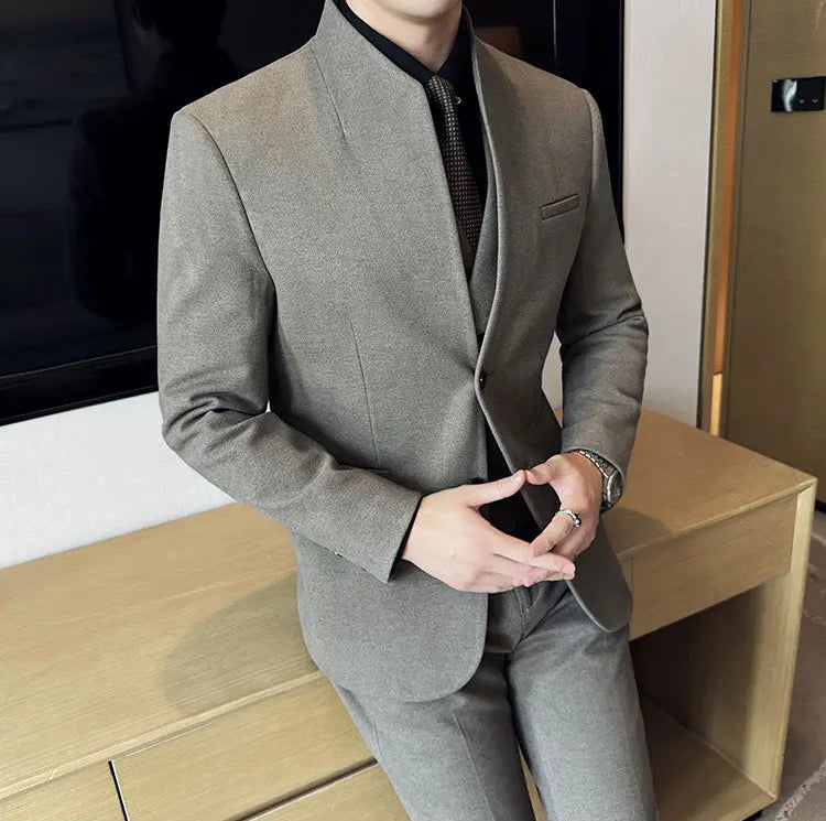 Men's Korean Style Wool Blazer Suit Set - Slim Fit Two-Piece